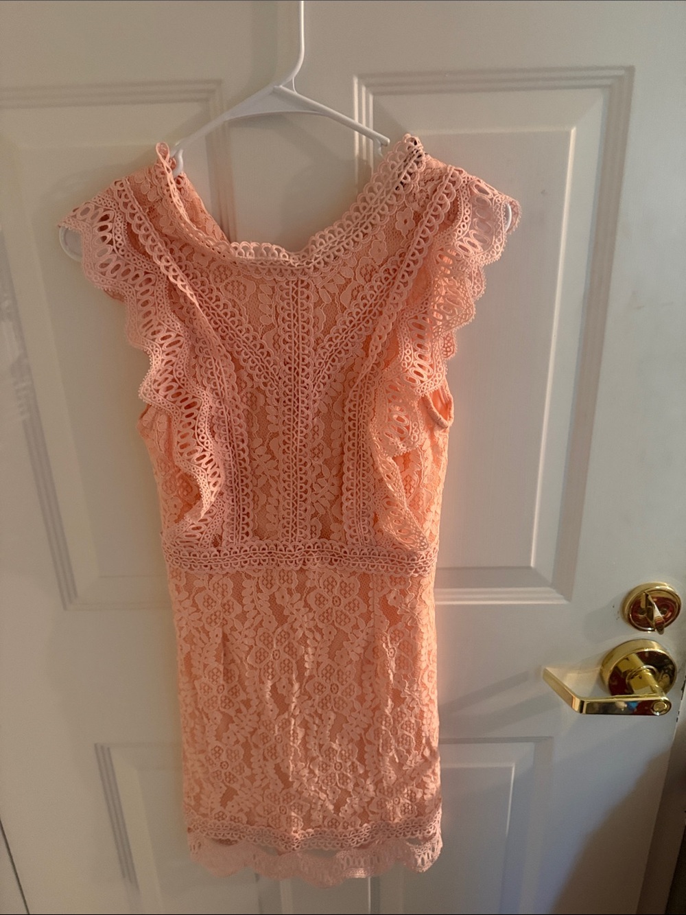 Lulu's Peach Lace Ruffle Midi Dress